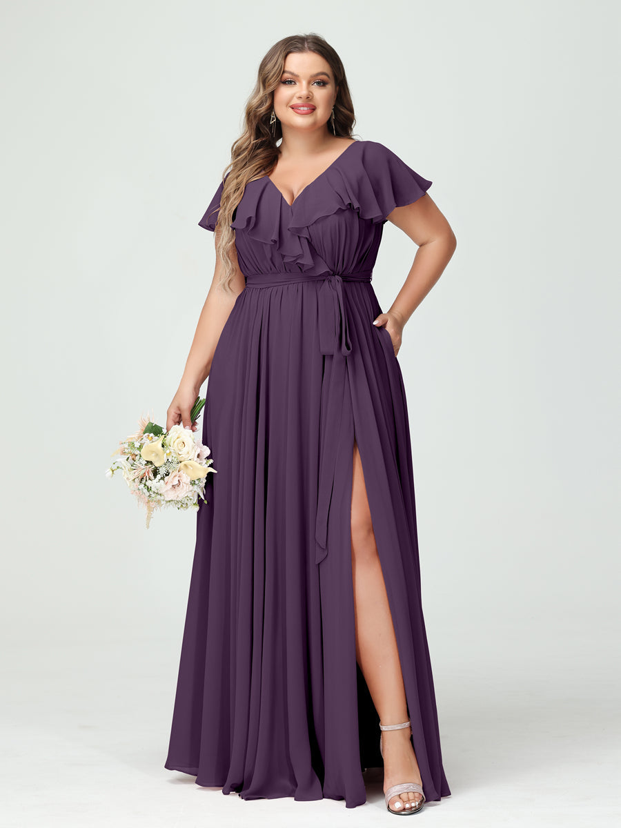 A-Line/Princess V-Neck Short Sleeves Chiffon Ruffles Plus Size Bridesmaid Dresses With Pockets Plum