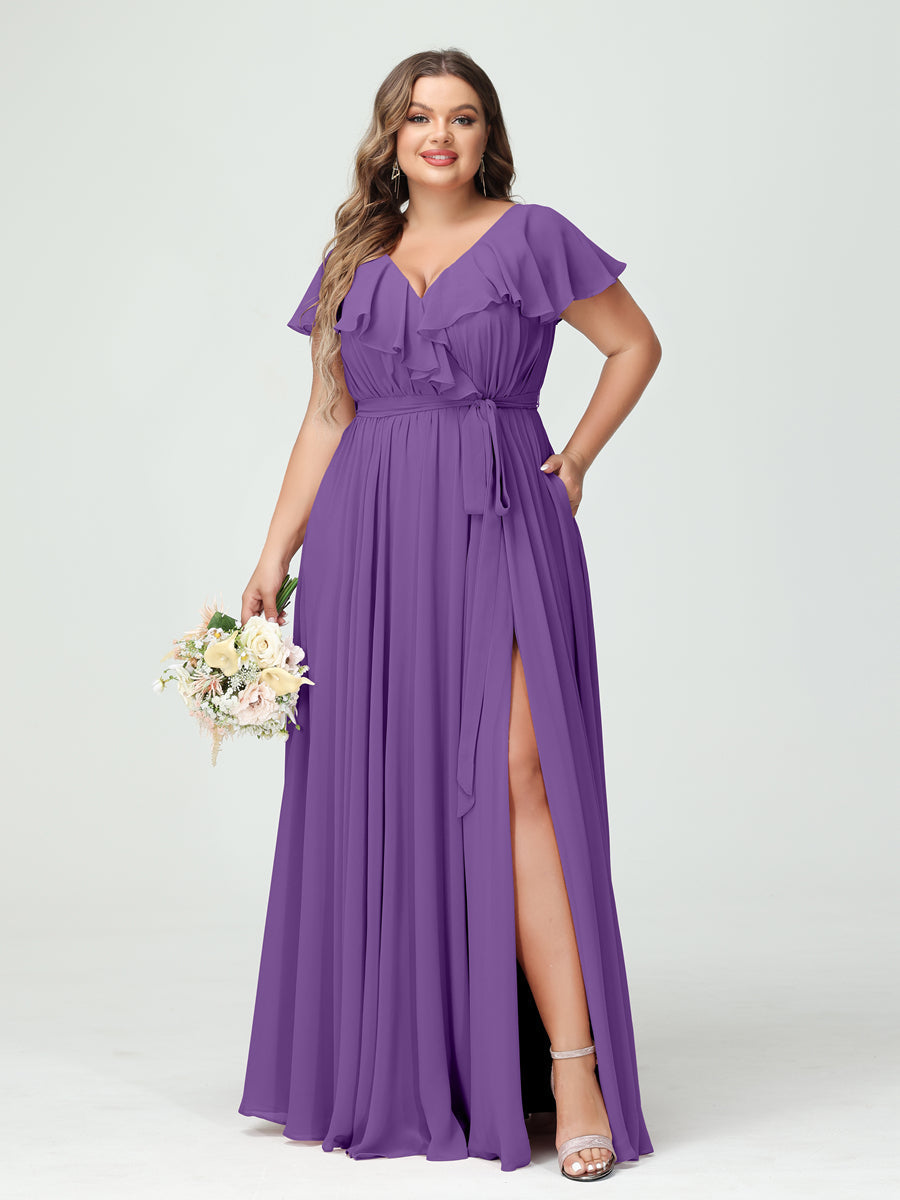 A-Line/Princess V-Neck Short Sleeves Chiffon Ruffles Plus Size Bridesmaid Dresses With Pockets Purple