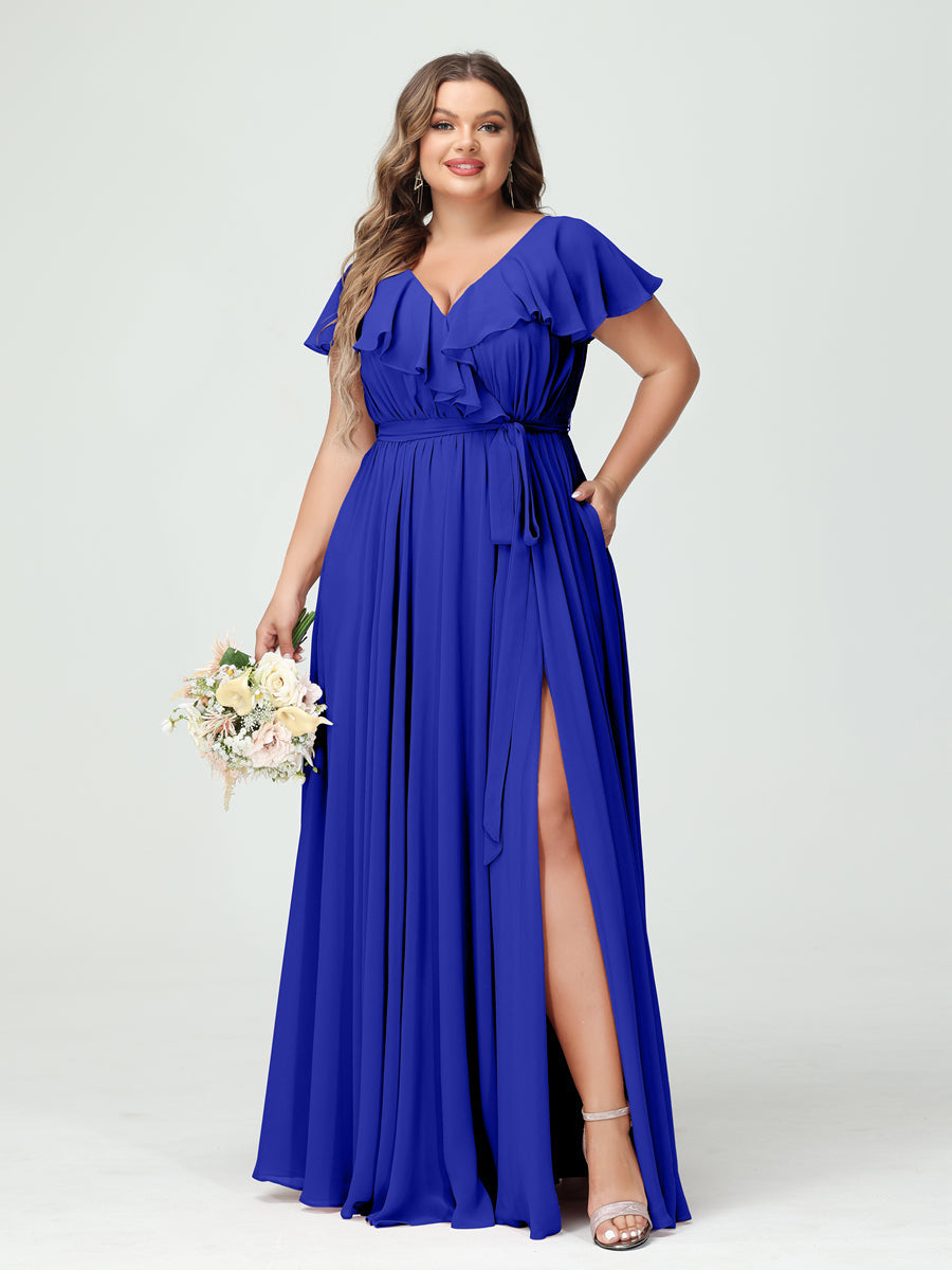A-Line/Princess V-Neck Short Sleeves Chiffon Ruffles Plus Size Bridesmaid Dresses With Pockets Royal Blue