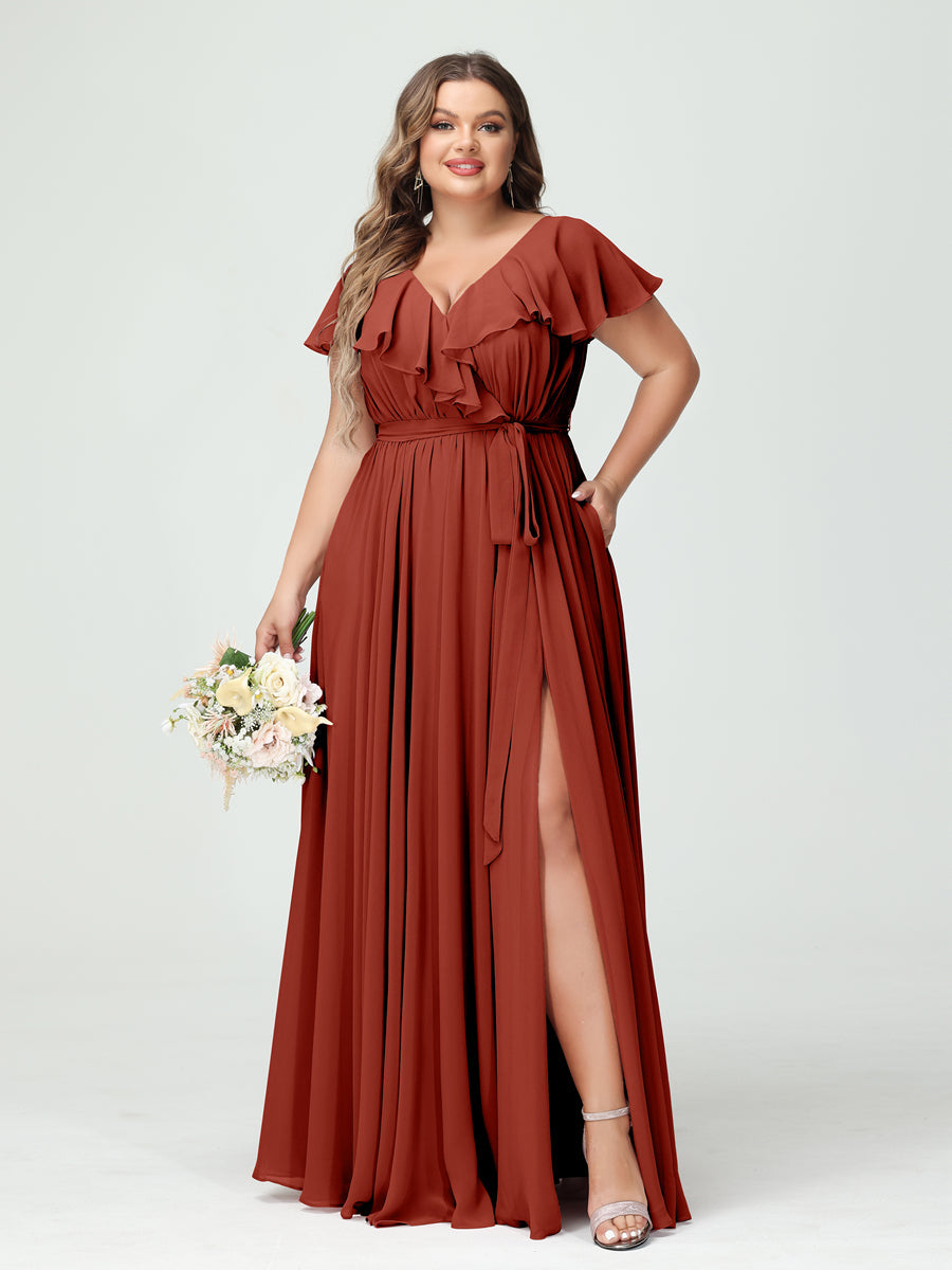 A-Line/Princess V-Neck Short Sleeves Chiffon Ruffles Plus Size Bridesmaid Dresses With Pockets Rust