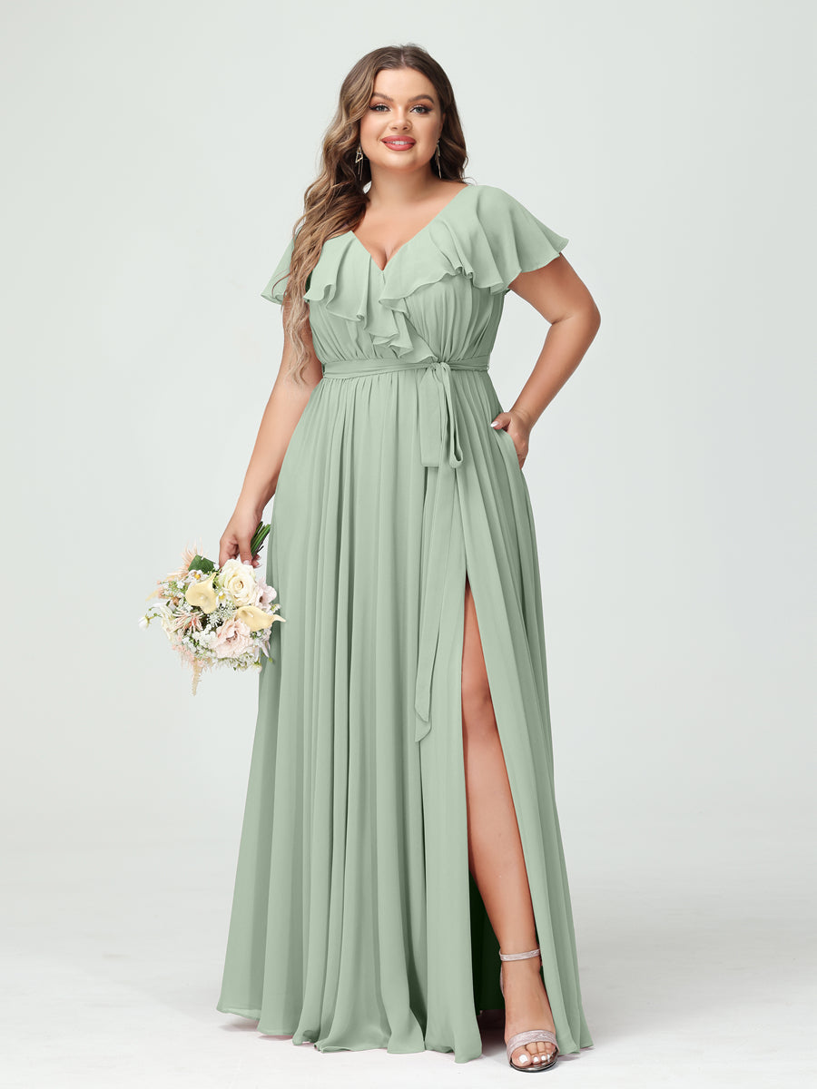A-Line/Princess V-Neck Short Sleeves Chiffon Ruffles Plus Size Bridesmaid Dresses With Pockets Sage