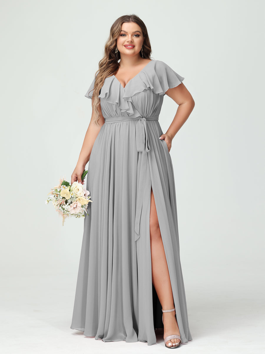 A-Line/Princess V-Neck Short Sleeves Chiffon Ruffles Plus Size Bridesmaid Dresses With Pockets Silver