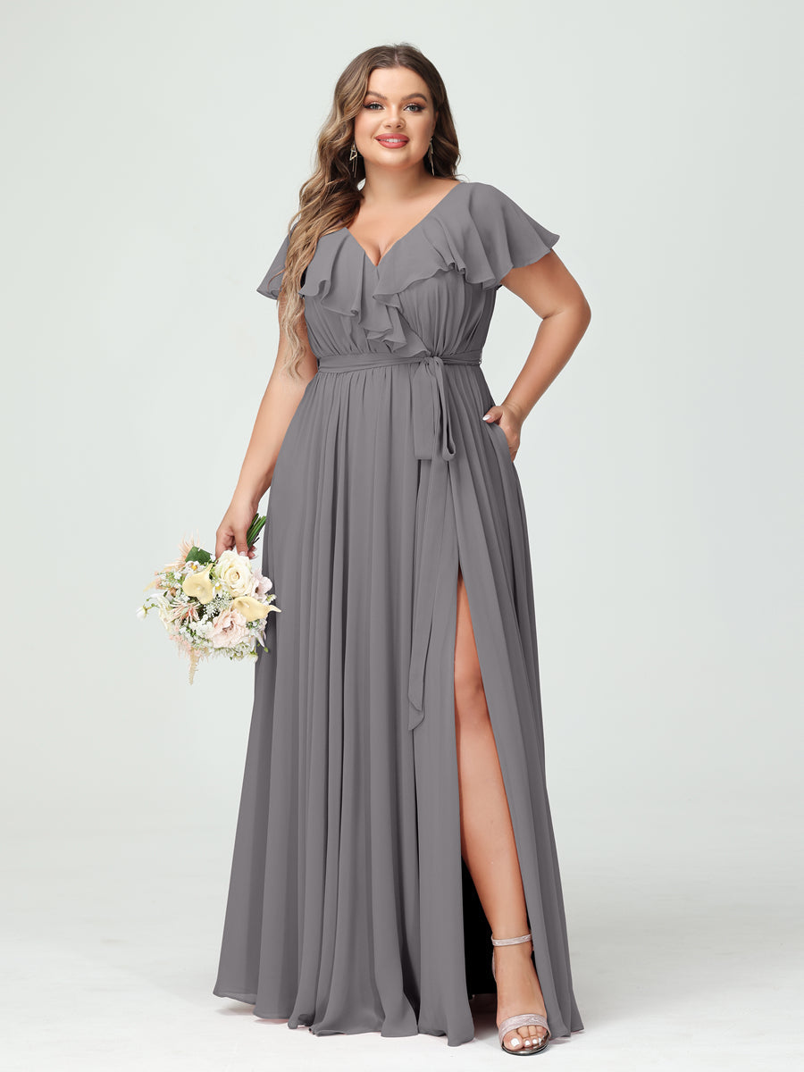 A-Line/Princess V-Neck Short Sleeves Chiffon Ruffles Plus Size Bridesmaid Dresses With Pockets Silver Gray