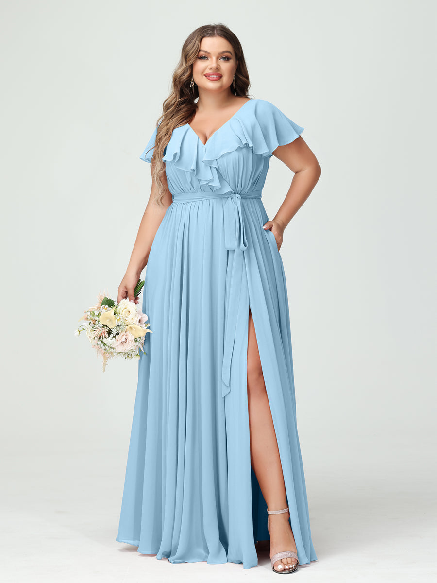 A-Line/Princess V-Neck Short Sleeves Chiffon Ruffles Plus Size Bridesmaid Dresses With Pockets Sky Blue