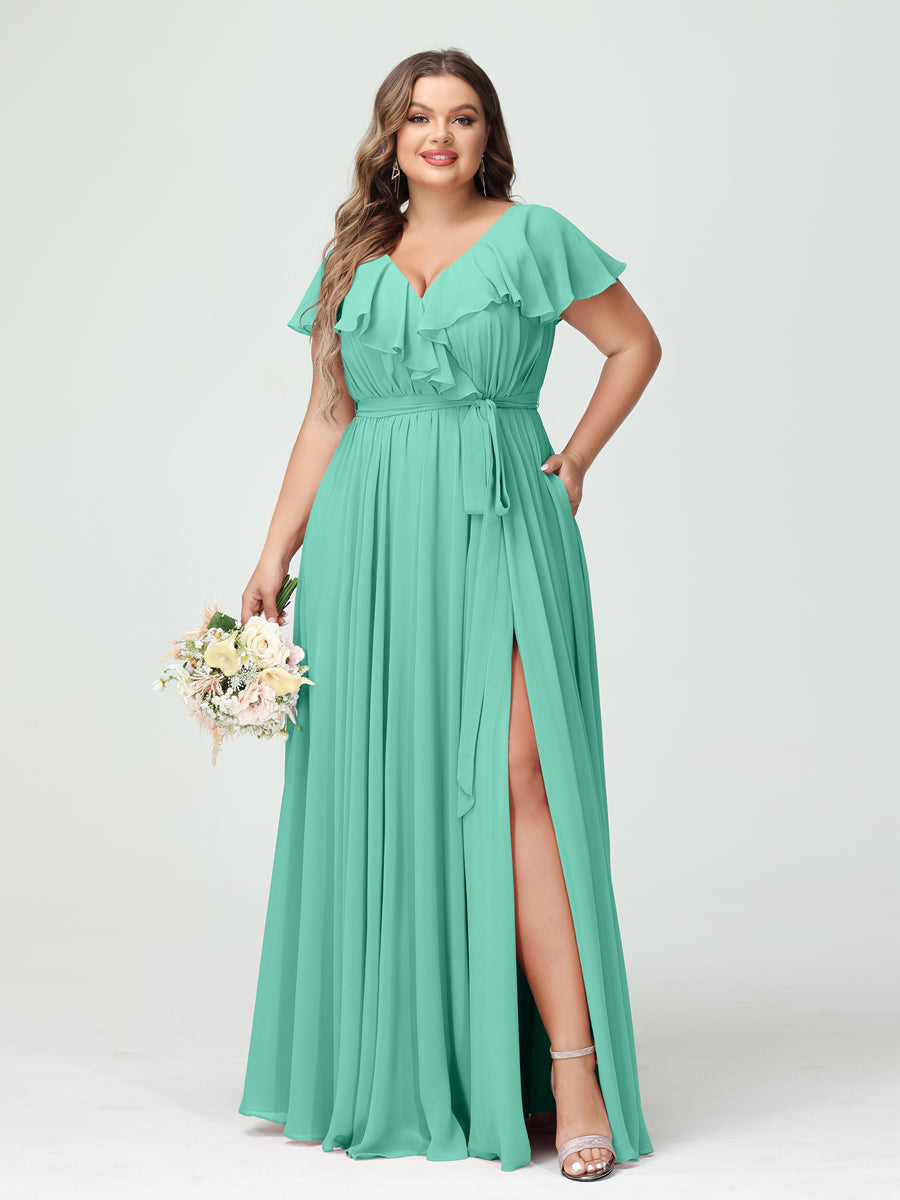 A-Line/Princess V-Neck Short Sleeves Chiffon Ruffles Plus Size Bridesmaid Dresses With Pockets Spa