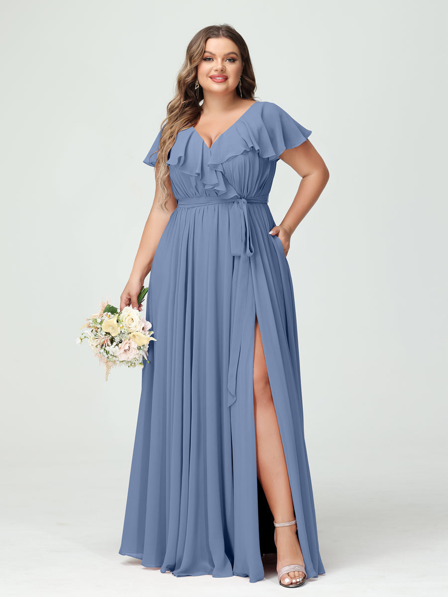 A-Line/Princess V-Neck Short Sleeves Chiffon Ruffles Plus Size Bridesmaid Dresses With Pockets Steel Blue