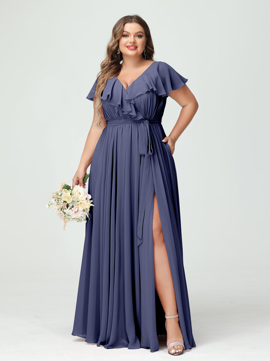A-Line/Princess V-Neck Short Sleeves Chiffon Ruffles Plus Size Bridesmaid Dresses With Pockets Stormy Blue
