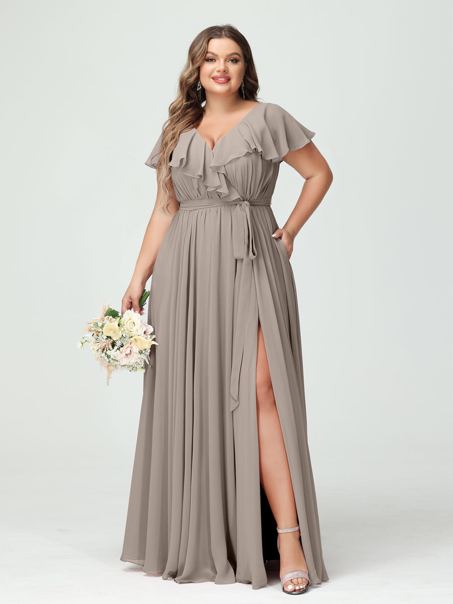 A-Line/Princess V-Neck Short Sleeves Chiffon Ruffles Plus Size Bridesmaid Dresses With Pockets Taupe