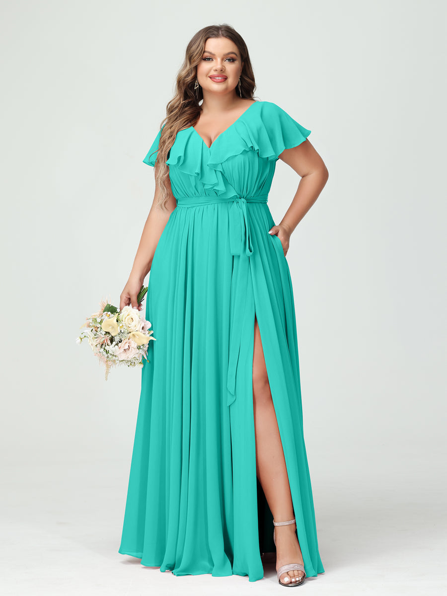 A-Line/Princess V-Neck Short Sleeves Chiffon Ruffles Plus Size Bridesmaid Dresses With Pockets Turquoise
