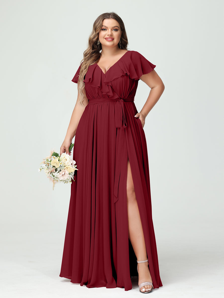 A-Line/Princess V-Neck Short Sleeves Chiffon Ruffles Plus Size Bridesmaid Dresses With Pockets Wine Red