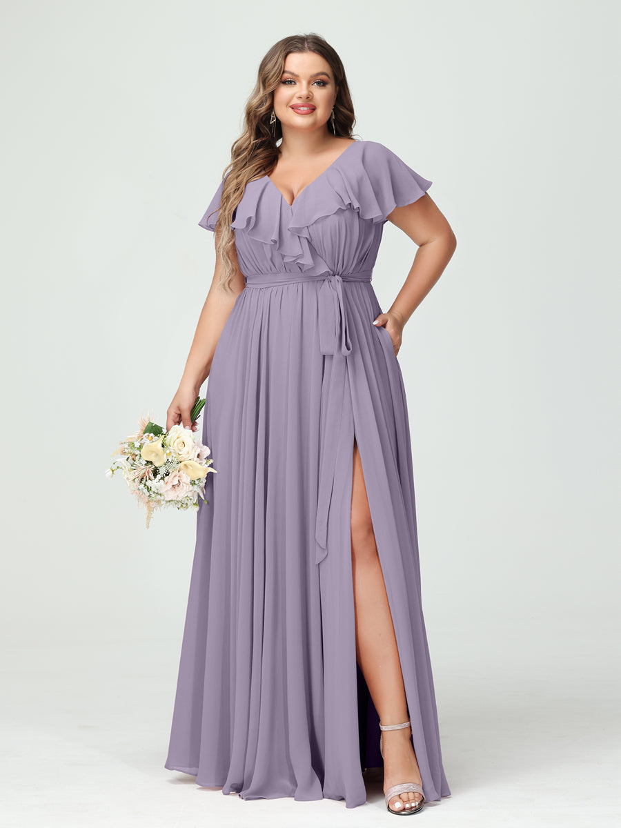 A-Line/Princess V-Neck Short Sleeves Chiffon Ruffles Plus Size Bridesmaid Dresses With Pockets Wisteria