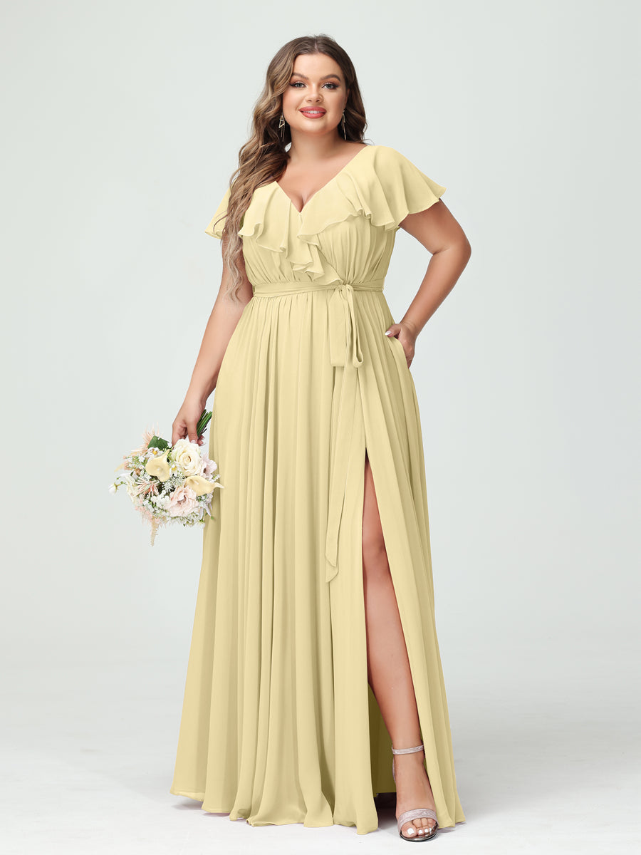 A-Line/Princess V-Neck Short Sleeves Chiffon Ruffles Plus Size Bridesmaid Dresses With Pockets Yellow