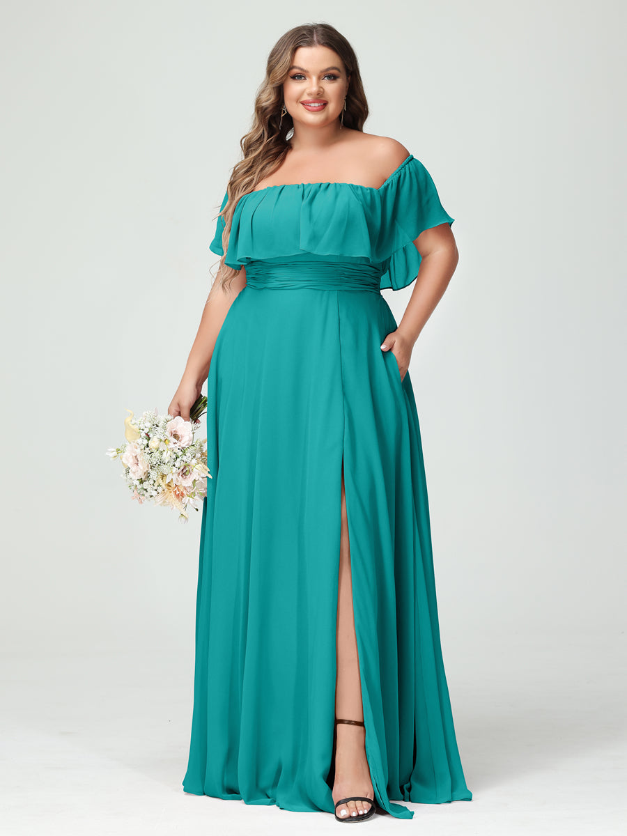 A-Line/Princess Off-the-Shoulder Short Sleeves Chiffon Split Side Plus Size Bridesmaid Dresses with Pockets Aqua Blue