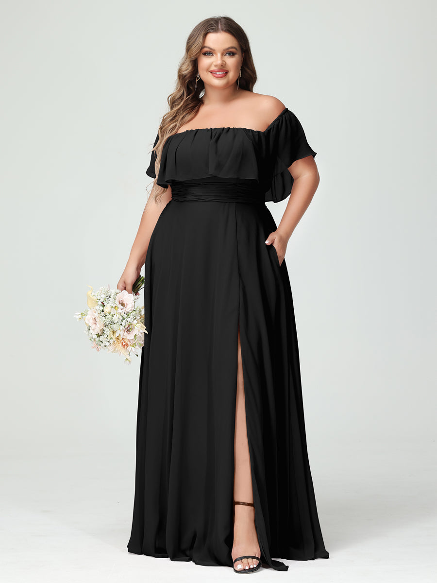 A-Line/Princess Off-the-Shoulder Short Sleeves Chiffon Split Side Plus Size Bridesmaid Dresses with Pockets Black