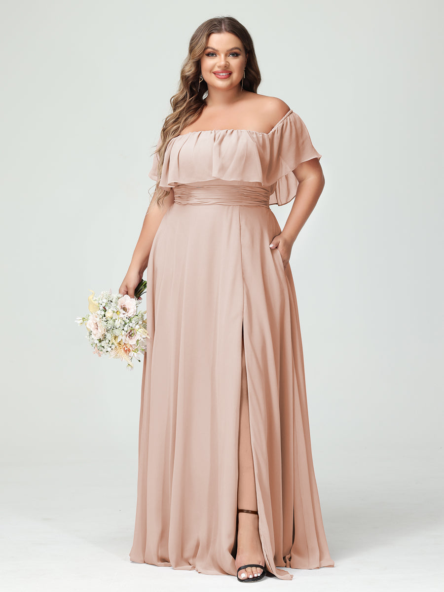 A-Line/Princess Off-the-Shoulder Short Sleeves Chiffon Split Side Plus Size Bridesmaid Dresses with Pockets Blush Pink