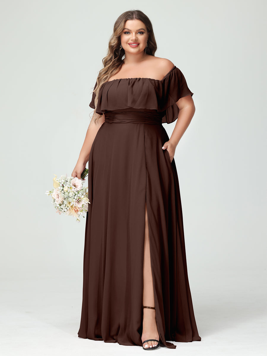 A-Line/Princess Off-the-Shoulder Short Sleeves Chiffon Split Side Plus Size Bridesmaid Dresses with Pockets Brown