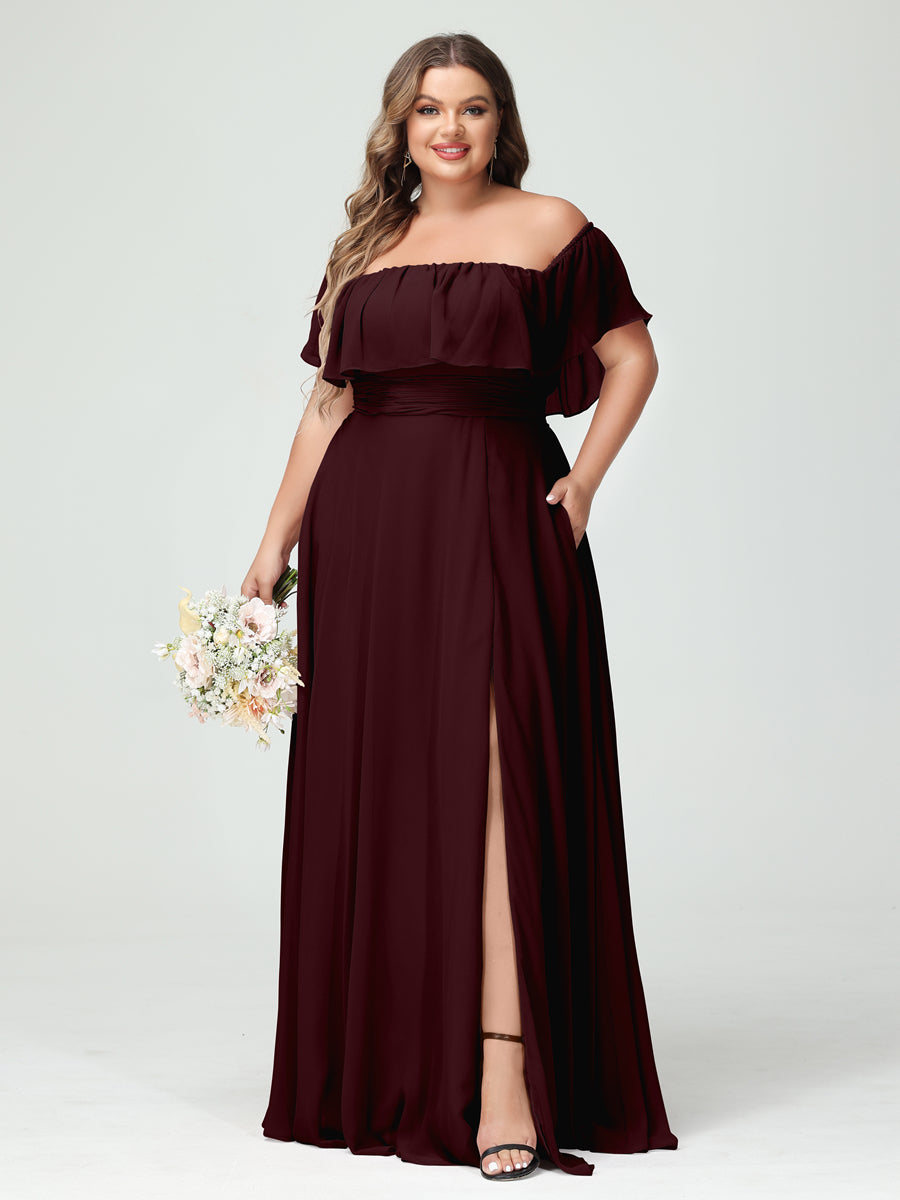 A-Line/Princess Off-the-Shoulder Short Sleeves Chiffon Split Side Plus Size Bridesmaid Dresses with Pockets Burgundy