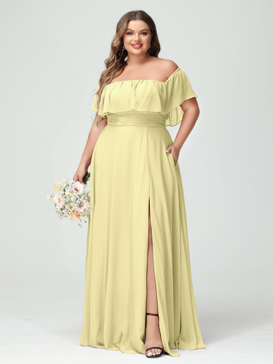 A-Line/Princess Off-the-Shoulder Short Sleeves Chiffon Split Side Plus Size Bridesmaid Dresses with Pockets Canary
