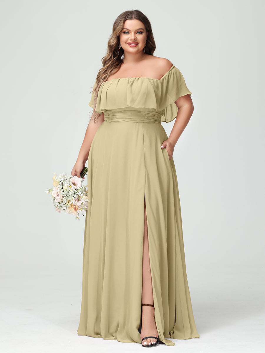 A-Line/Princess Off-the-Shoulder Short Sleeves Chiffon Split Side Plus Size Bridesmaid Dresses with Pockets Champagne