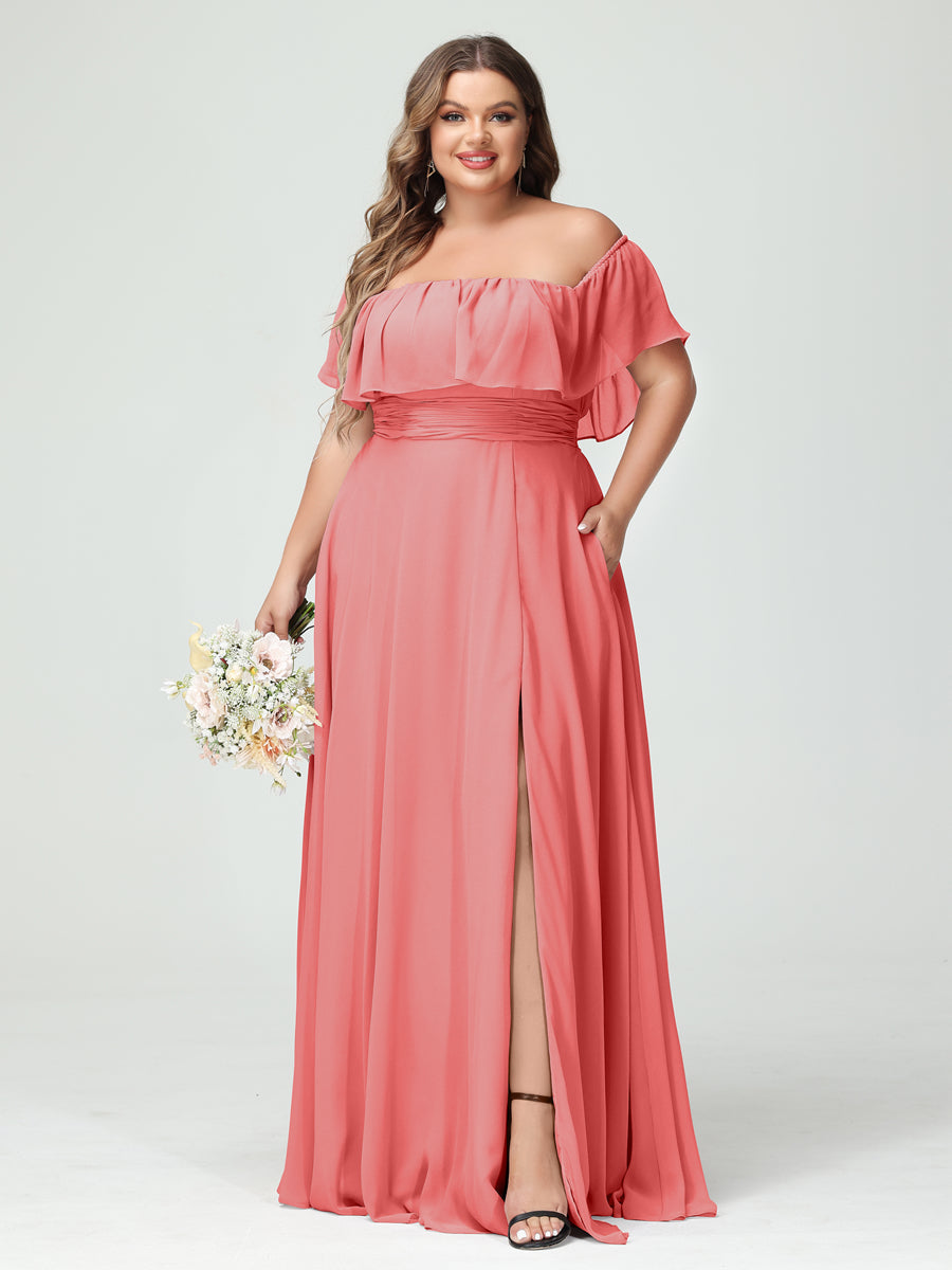 A-Line/Princess Off-the-Shoulder Short Sleeves Chiffon Split Side Plus Size Bridesmaid Dresses with Pockets Coral