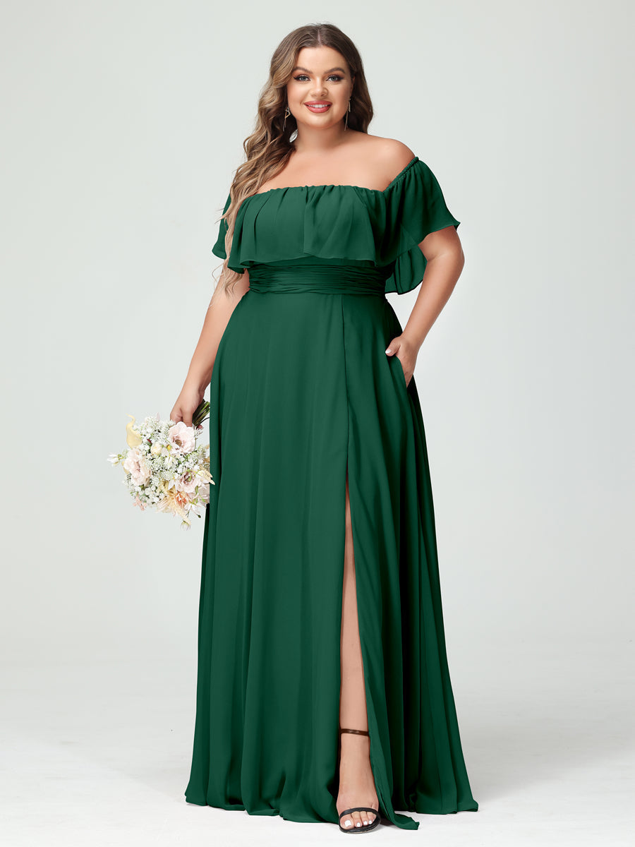 A-Line/Princess Off-the-Shoulder Short Sleeves Chiffon Split Side Plus Size Bridesmaid Dresses with Pockets Dark Green