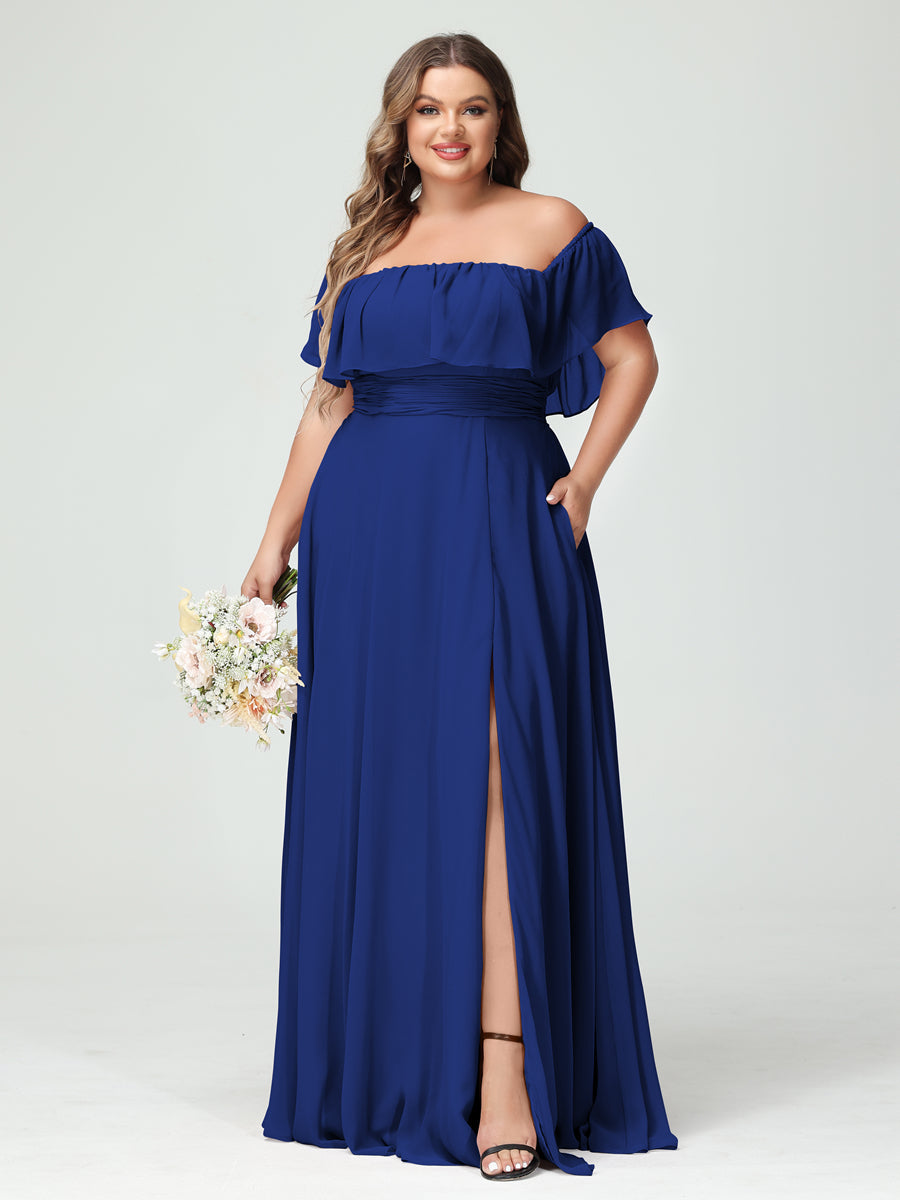 A-Line/Princess Off-the-Shoulder Short Sleeves Chiffon Split Side Plus Size Bridesmaid Dresses with Pockets Dark Royal Blue