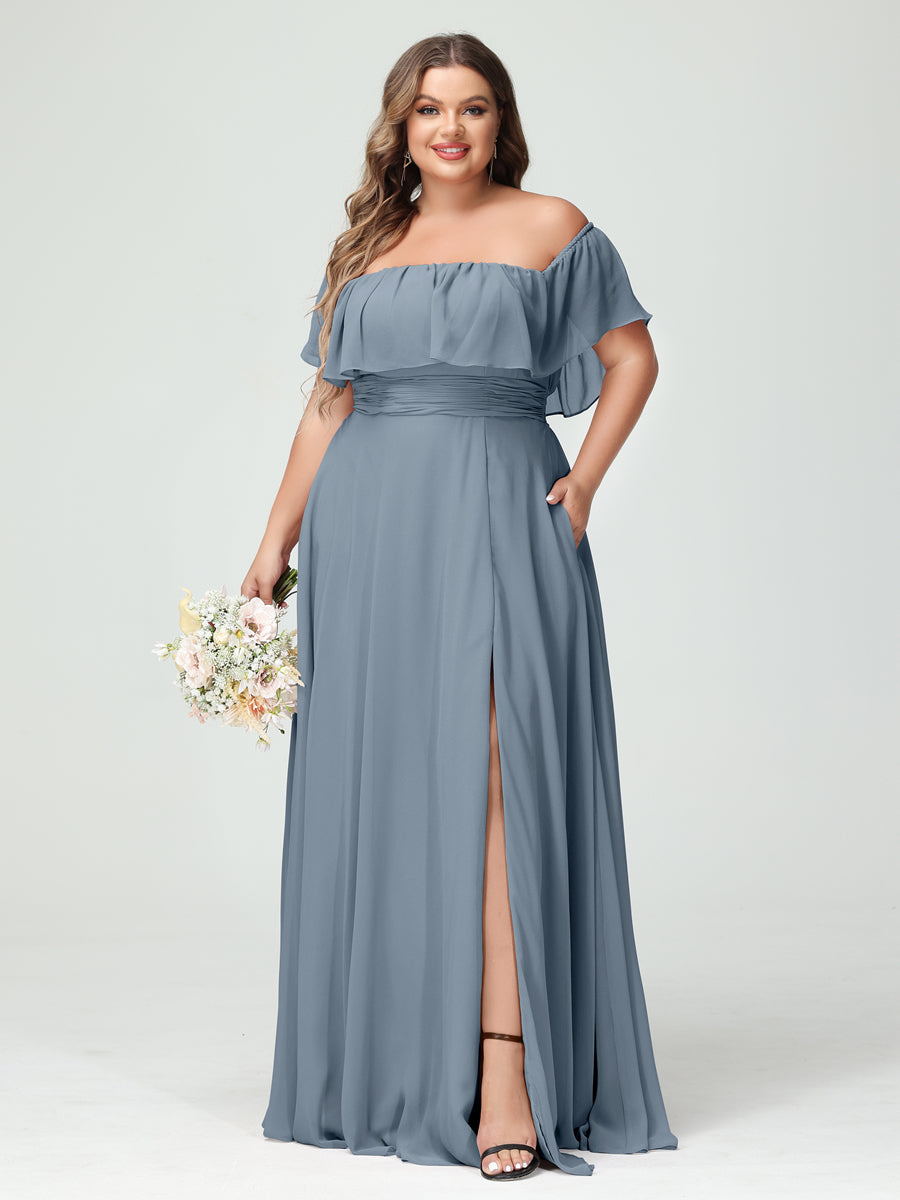 A-Line/Princess Off-the-Shoulder Short Sleeves Chiffon Split Side Plus Size Bridesmaid Dresses with Pockets Dusty Blue