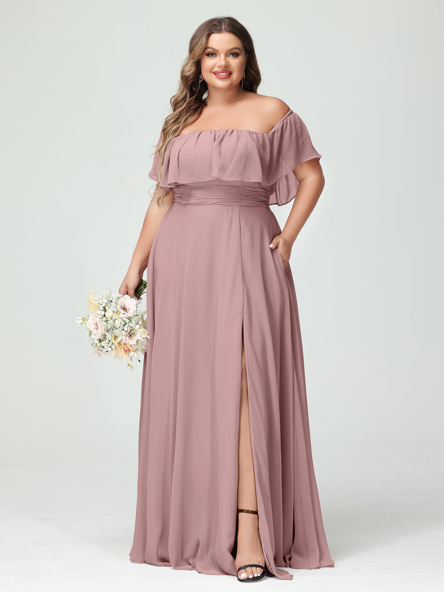 A-Line/Princess Off-the-Shoulder Short Sleeves Chiffon Split Side Plus Size Bridesmaid Dresses with Pockets Dusty Pink