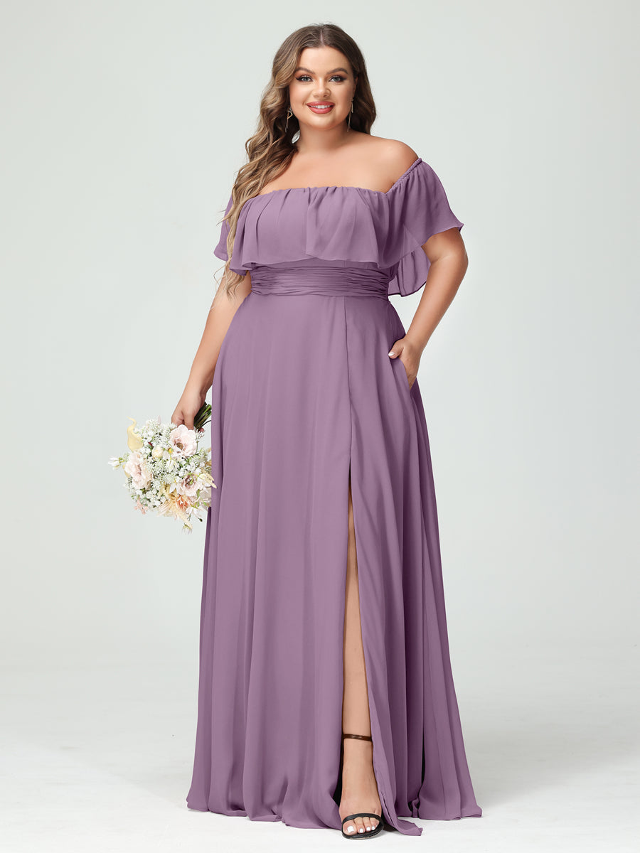 A-Line/Princess Off-the-Shoulder Short Sleeves Chiffon Split Side Plus Size Bridesmaid Dresses with Pockets Dusty Purple