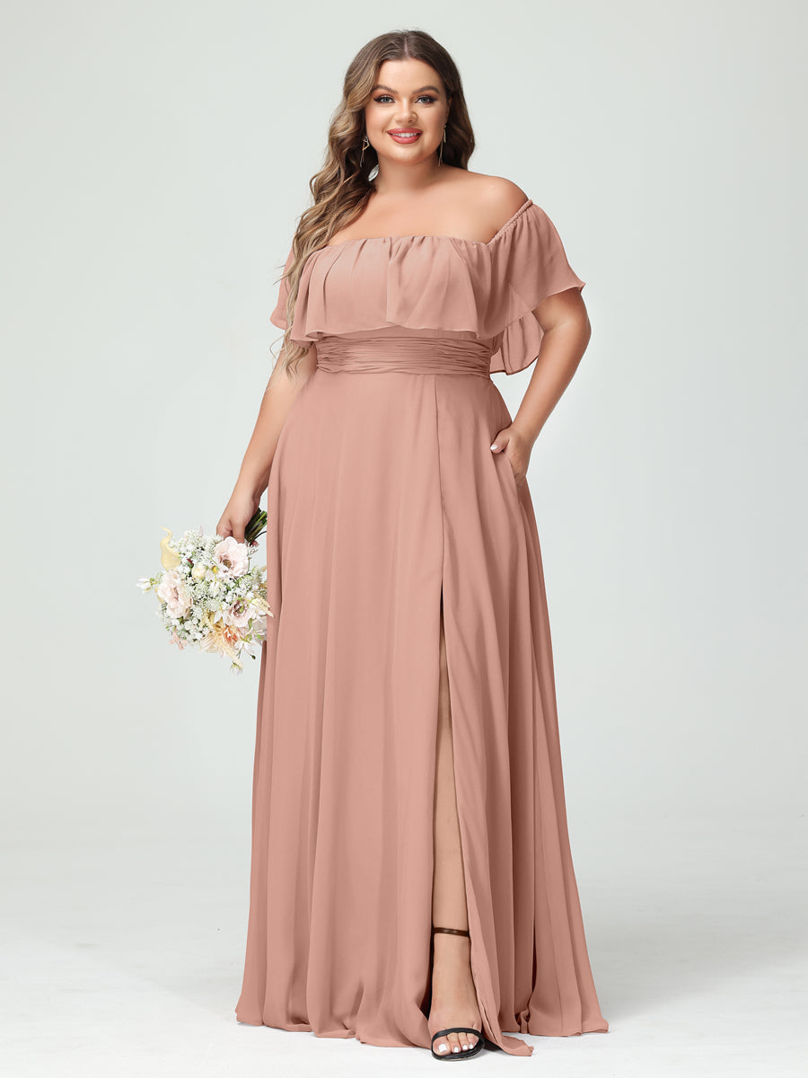 A-Line/Princess Off-the-Shoulder Short Sleeves Chiffon Split Side Plus Size Bridesmaid Dresses with Pockets Dusty Rose
