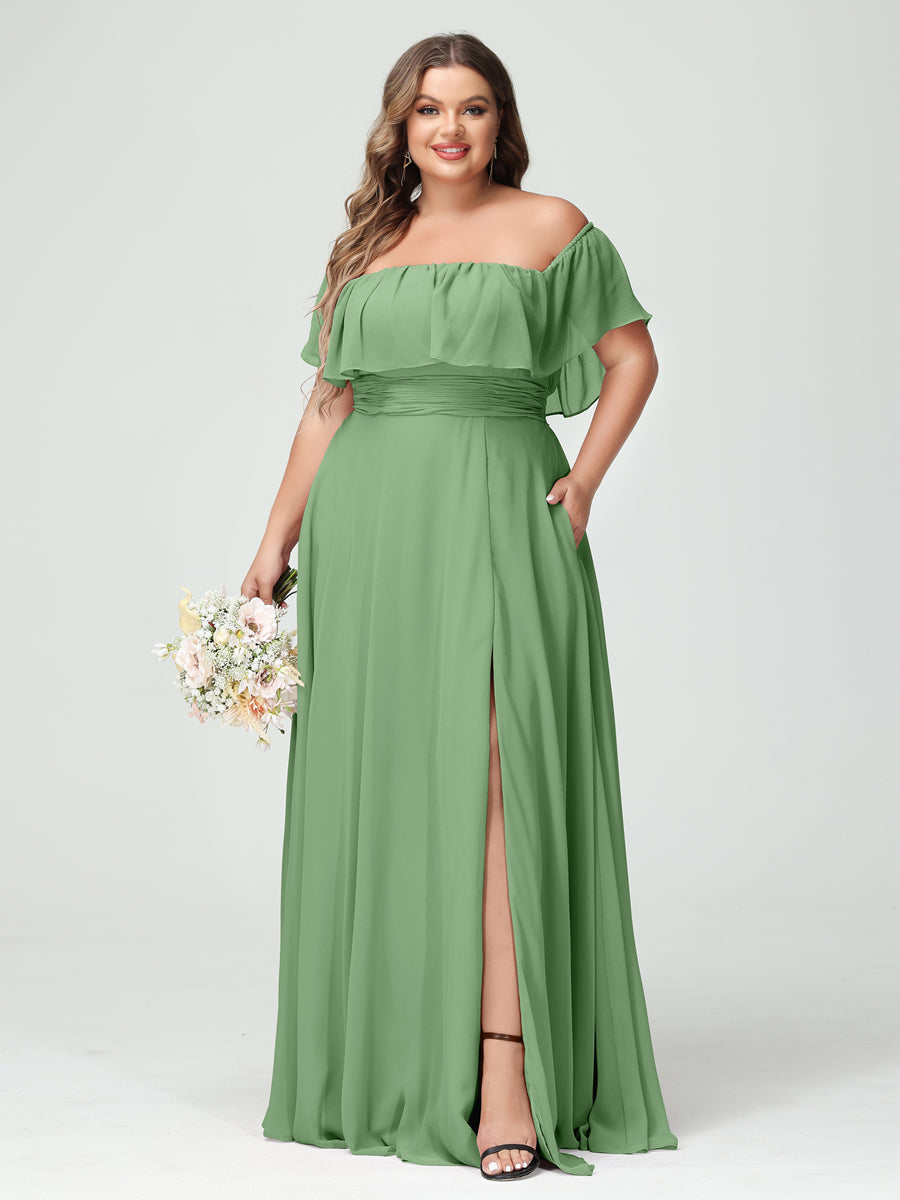 A-Line/Princess Off-the-Shoulder Short Sleeves Chiffon Split Side Plus Size Bridesmaid Dresses with Pockets Dusty Sage