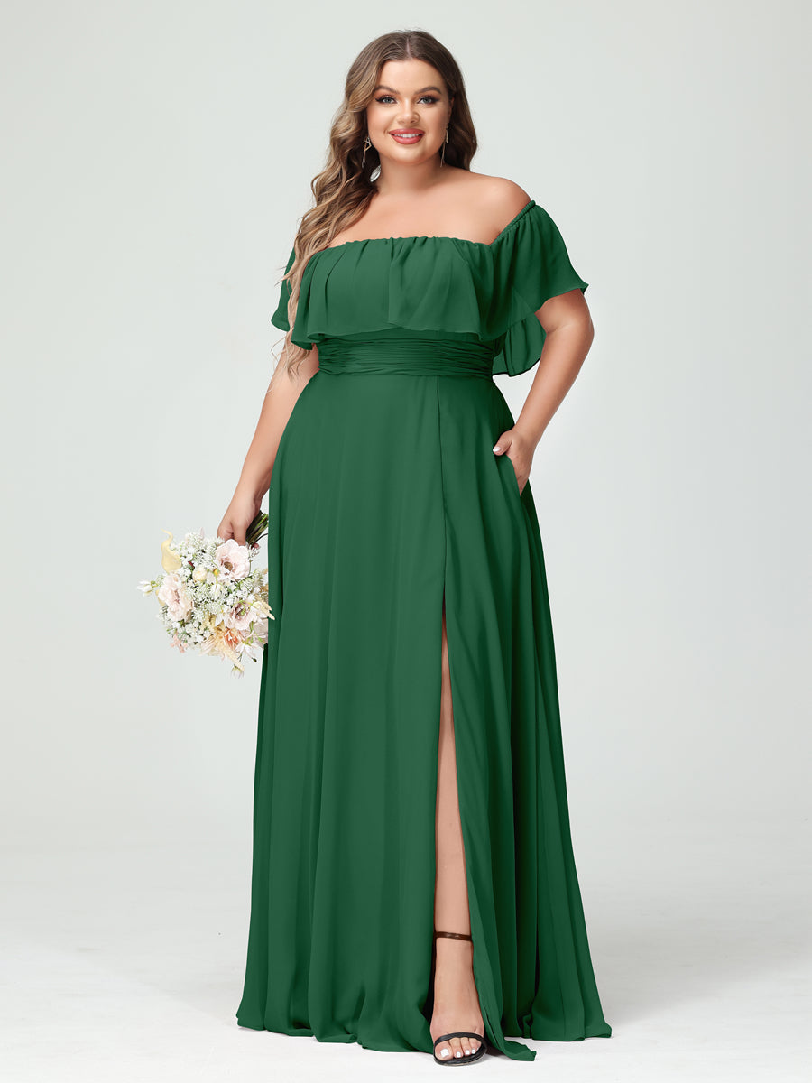 A-Line/Princess Off-the-Shoulder Short Sleeves Chiffon Split Side Plus Size Bridesmaid Dresses with Pockets Emerald