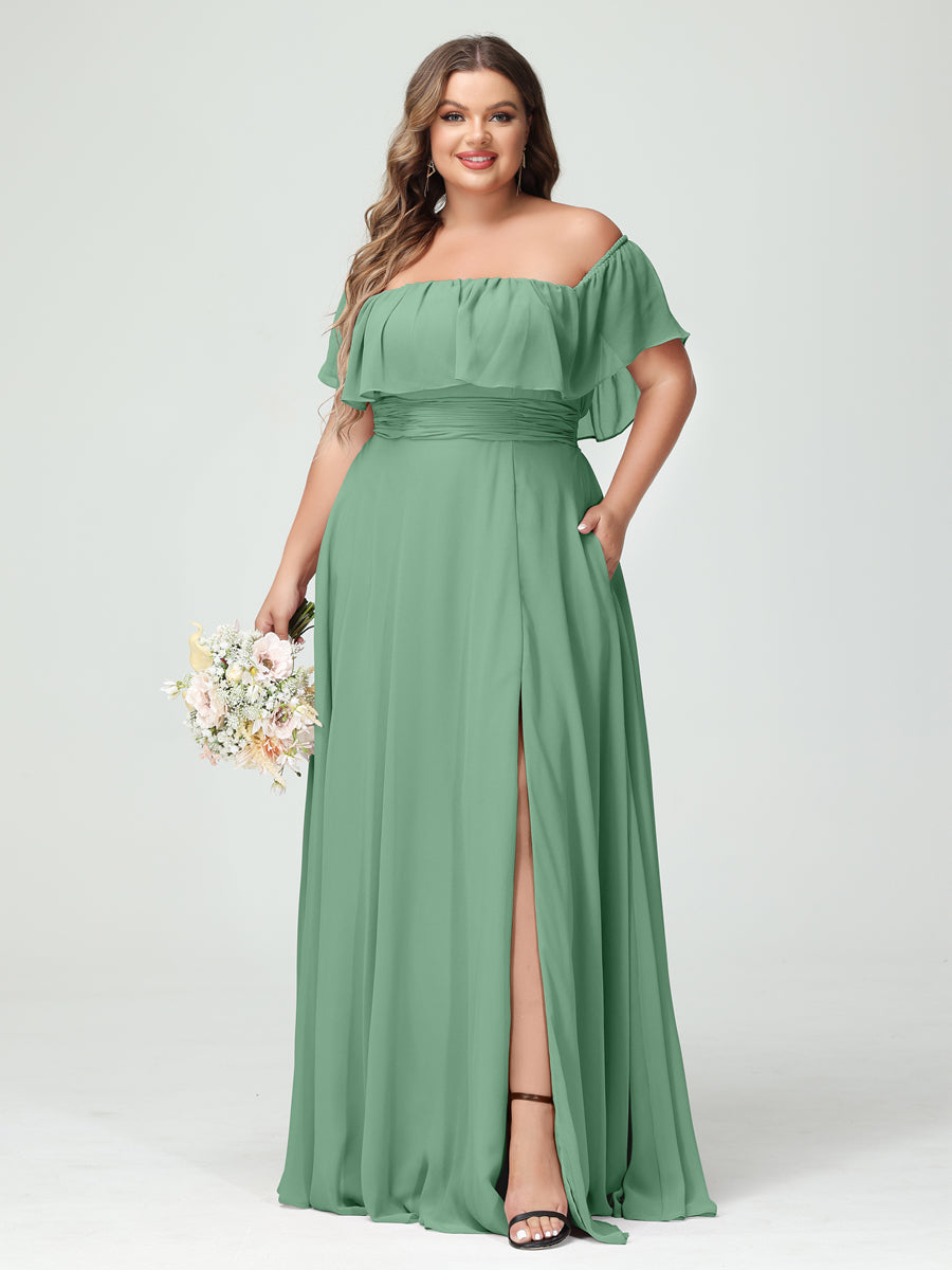 A-Line/Princess Off-the-Shoulder Short Sleeves Chiffon Split Side Plus Size Bridesmaid Dresses with Pockets Eucalyptus