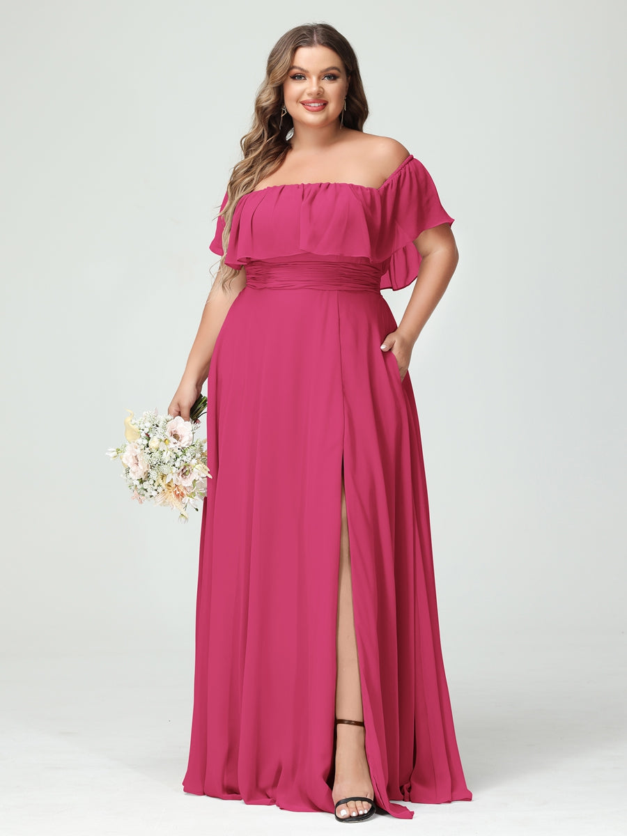 A-Line/Princess Off-the-Shoulder Short Sleeves Chiffon Split Side Plus Size Bridesmaid Dresses with Pockets Fuchsia