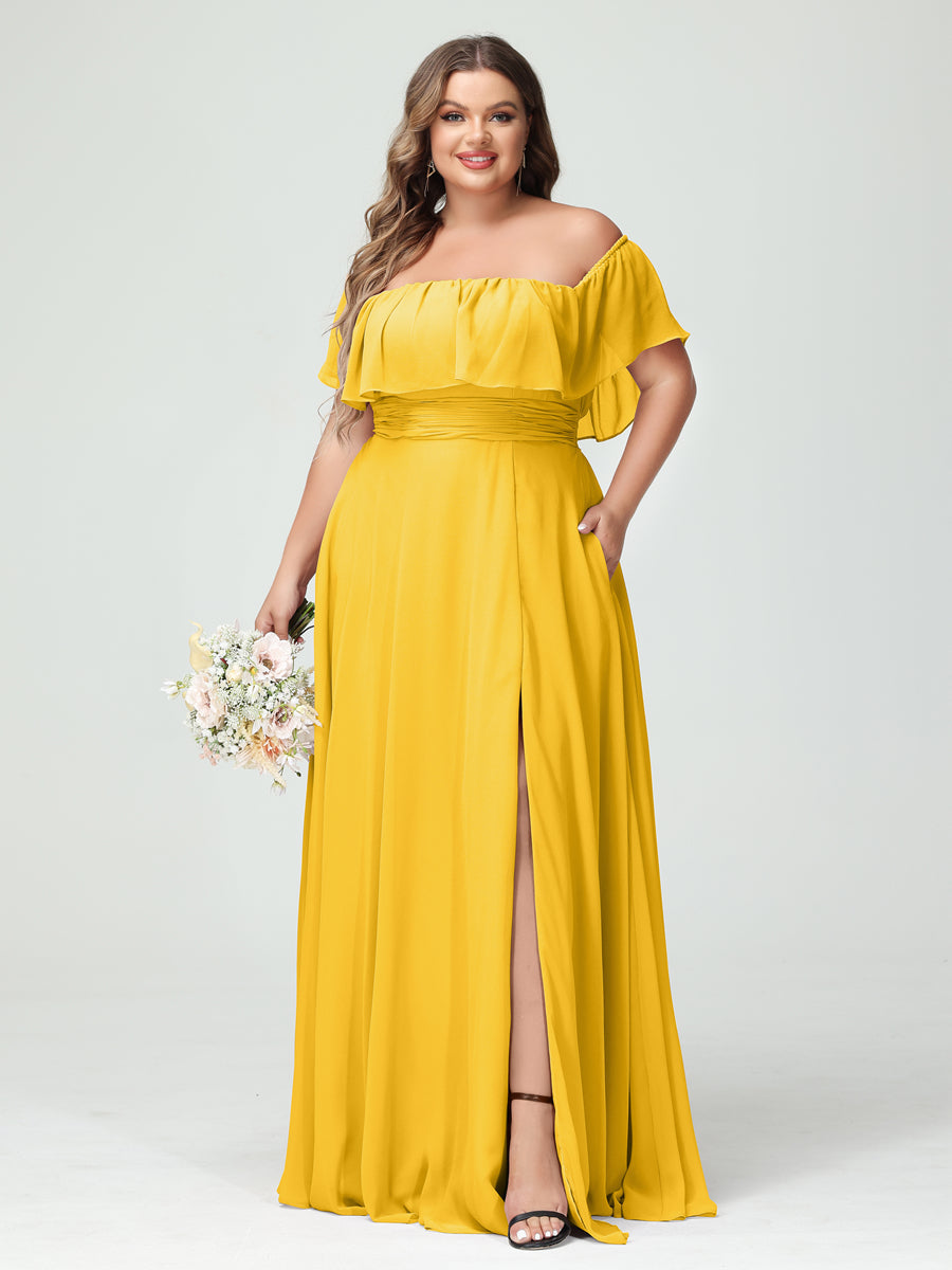 A-Line/Princess Off-the-Shoulder Short Sleeves Chiffon Split Side Plus Size Bridesmaid Dresses with Pockets Gold