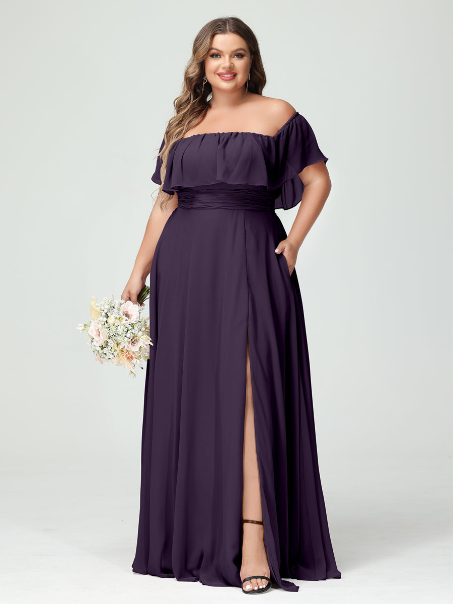 A-Line/Princess Off-the-Shoulder Short Sleeves Chiffon Split Side Plus Size Bridesmaid Dresses with Pockets Grape