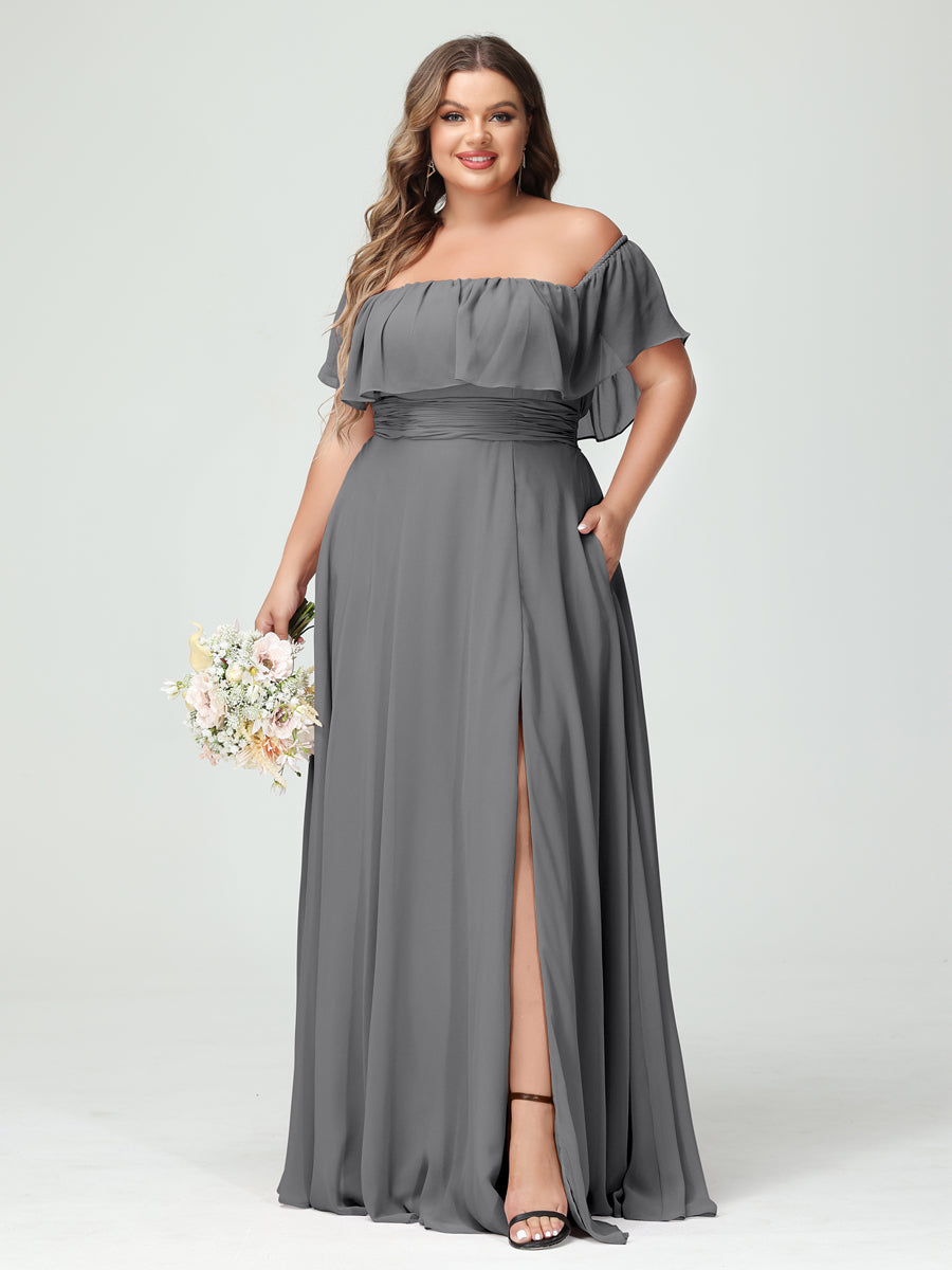 A-Line/Princess Off-the-Shoulder Short Sleeves Chiffon Split Side Plus Size Bridesmaid Dresses with Pockets Gray