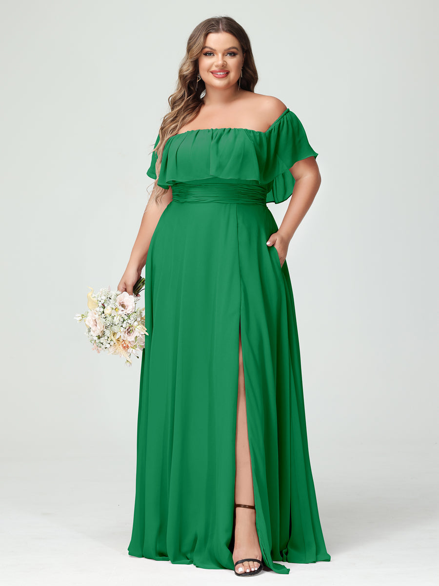 A-Line/Princess Off-the-Shoulder Short Sleeves Chiffon Split Side Plus Size Bridesmaid Dresses with Pockets Green
