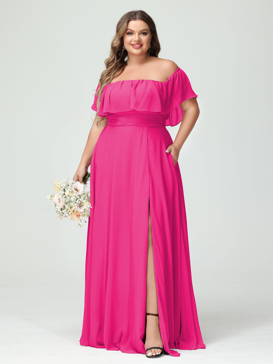 A-Line/Princess Off-the-Shoulder Short Sleeves Chiffon Split Side Plus Size Bridesmaid Dresses with Pockets Hot Pink