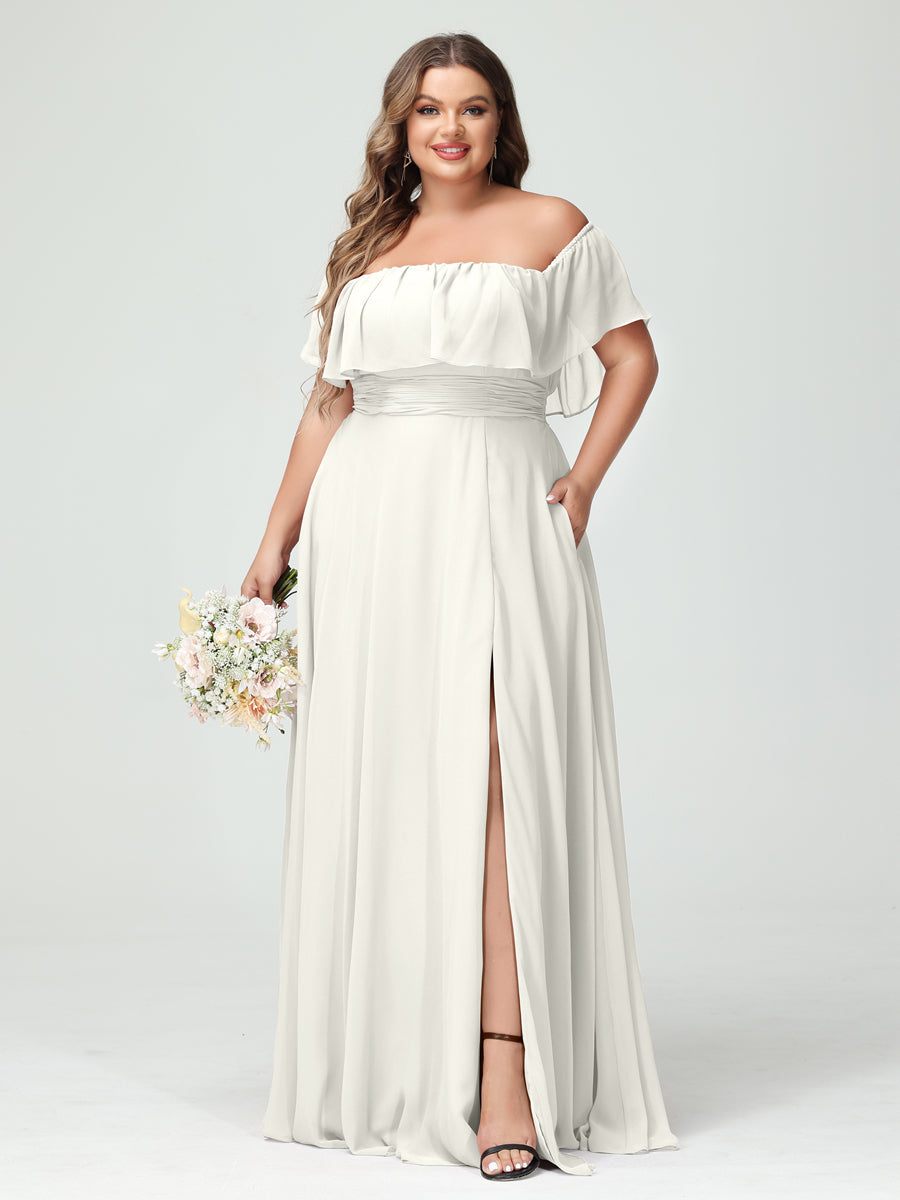 A-Line/Princess Off-the-Shoulder Short Sleeves Chiffon Split Side Plus Size Bridesmaid Dresses with Pockets Ivory