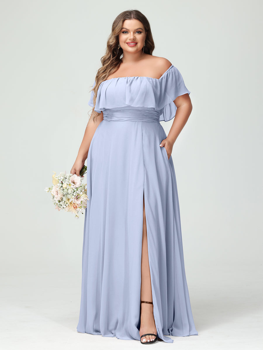 A-Line/Princess Off-the-Shoulder Short Sleeves Chiffon Split Side Plus Size Bridesmaid Dresses with Pockets Lavender