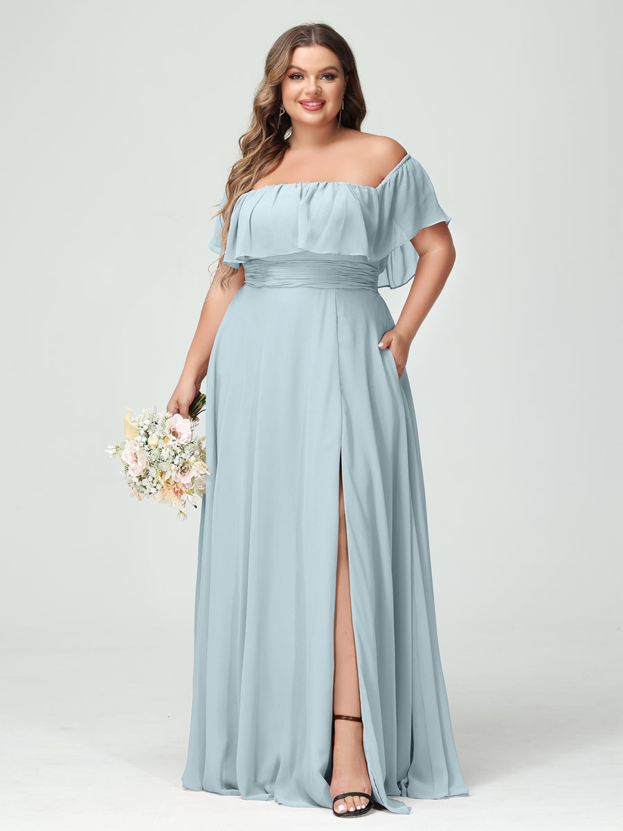 A-Line/Princess Off-the-Shoulder Short Sleeves Chiffon Split Side Plus Size Bridesmaid Dresses with Pockets Light Blue