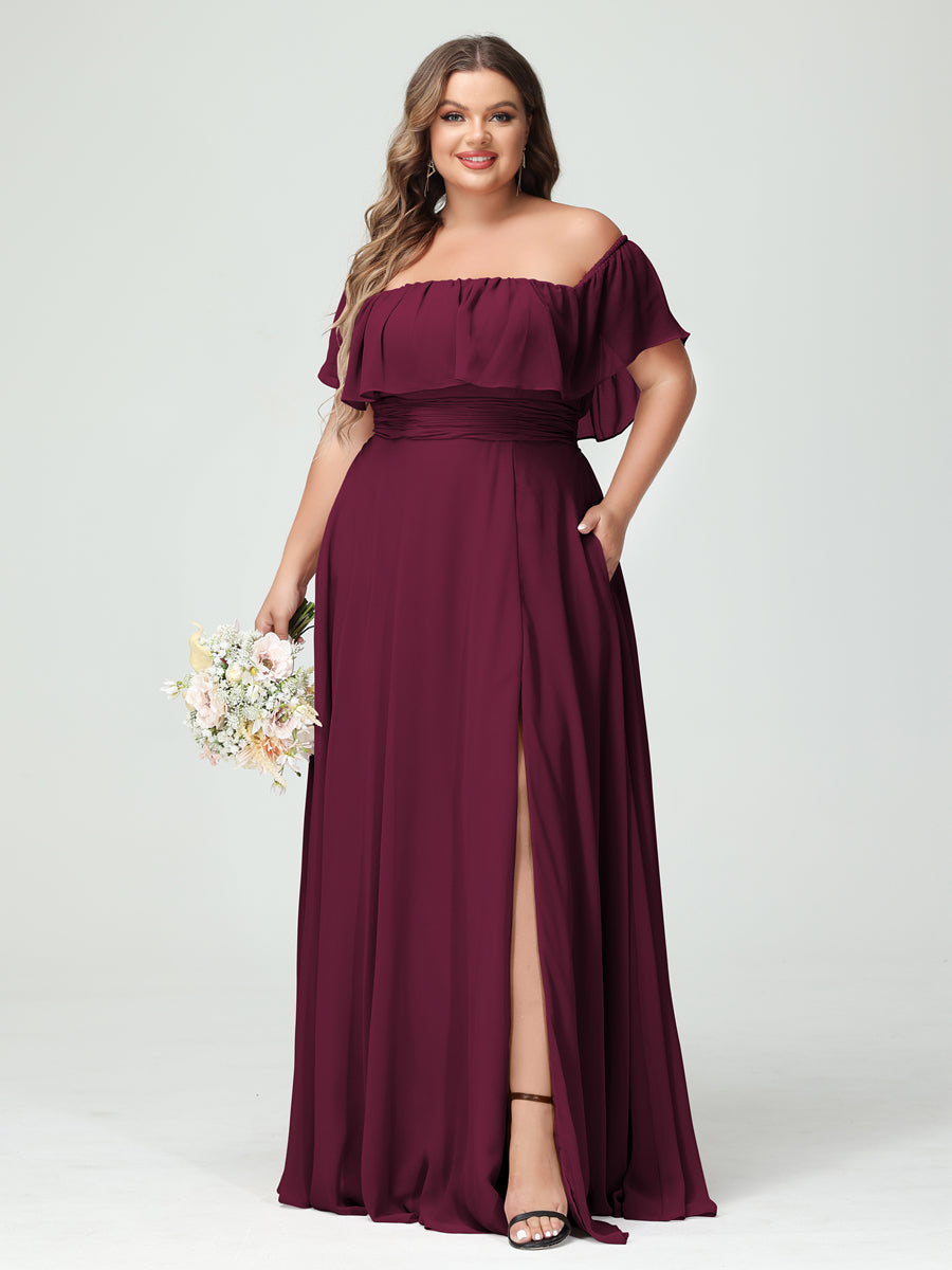A-Line/Princess Off-the-Shoulder Short Sleeves Chiffon Split Side Plus Size Bridesmaid Dresses with Pockets Light Burgundy