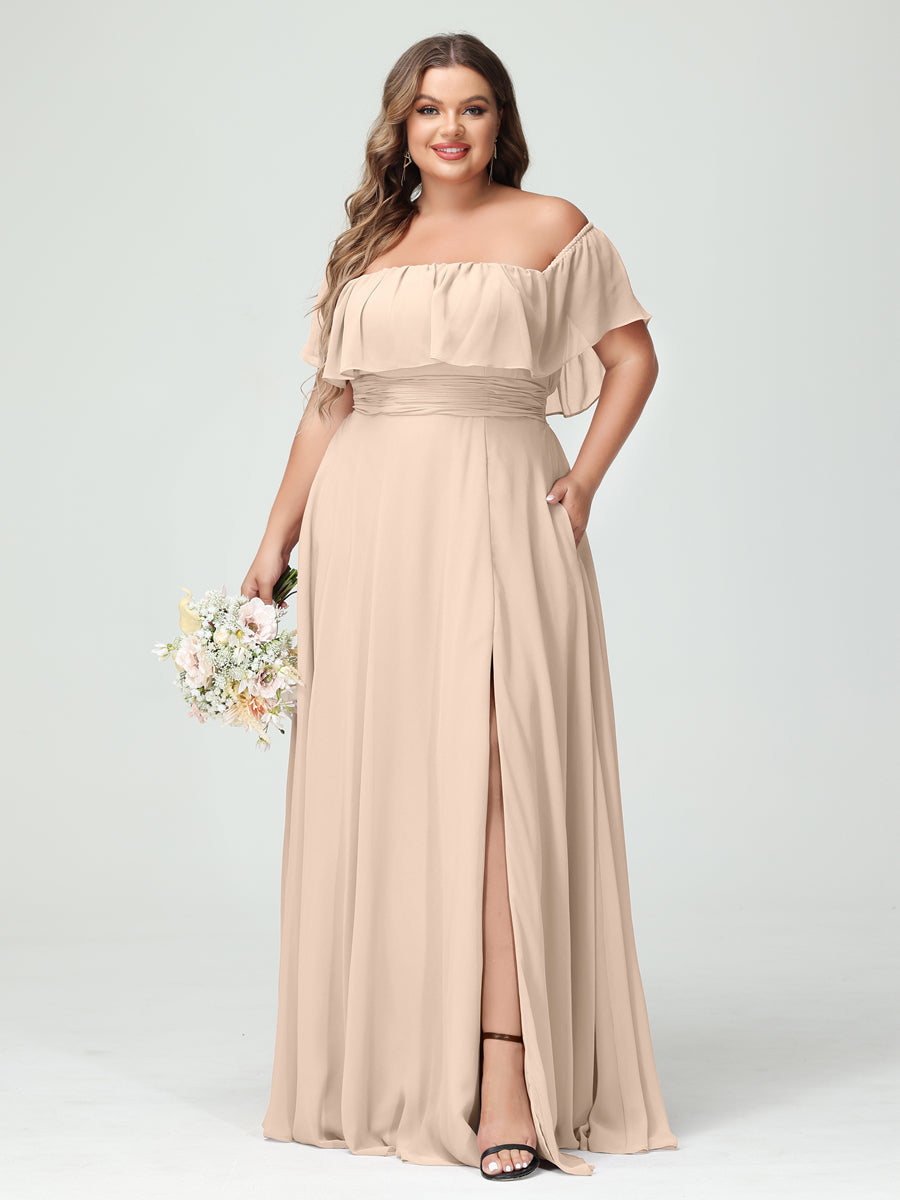 A-Line/Princess Off-the-Shoulder Short Sleeves Chiffon Split Side Plus Size Bridesmaid Dresses with Pockets Light Champagne