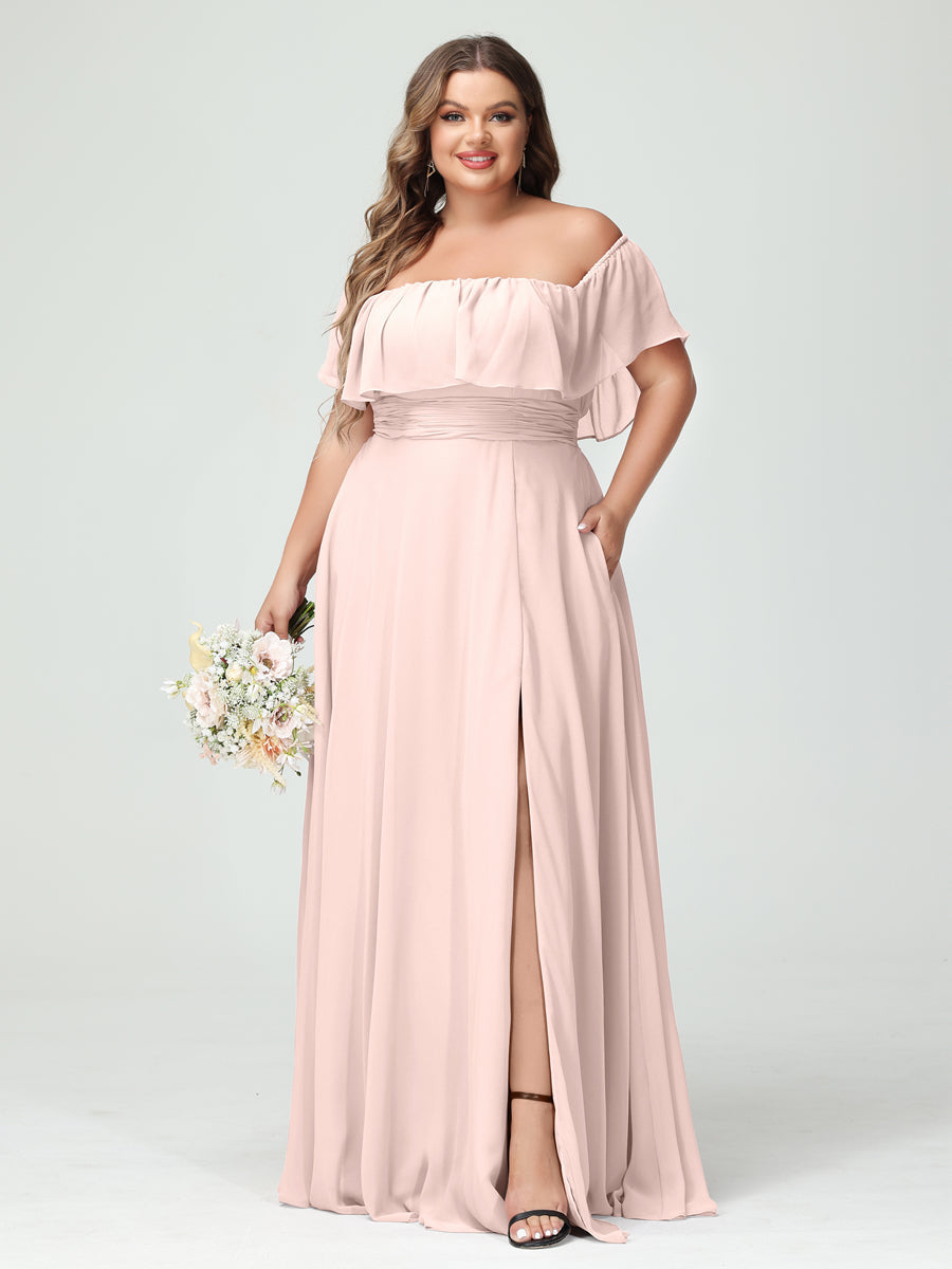 A-Line/Princess Off-the-Shoulder Short Sleeves Chiffon Split Side Plus Size Bridesmaid Dresses with Pockets Light Pink