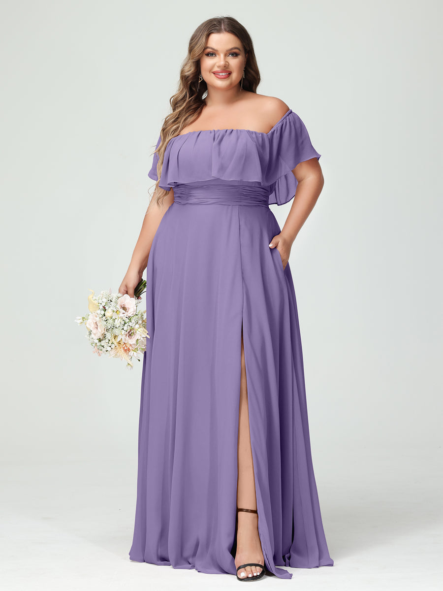 A-Line/Princess Off-the-Shoulder Short Sleeves Chiffon Split Side Plus Size Bridesmaid Dresses with Pockets Light Purple