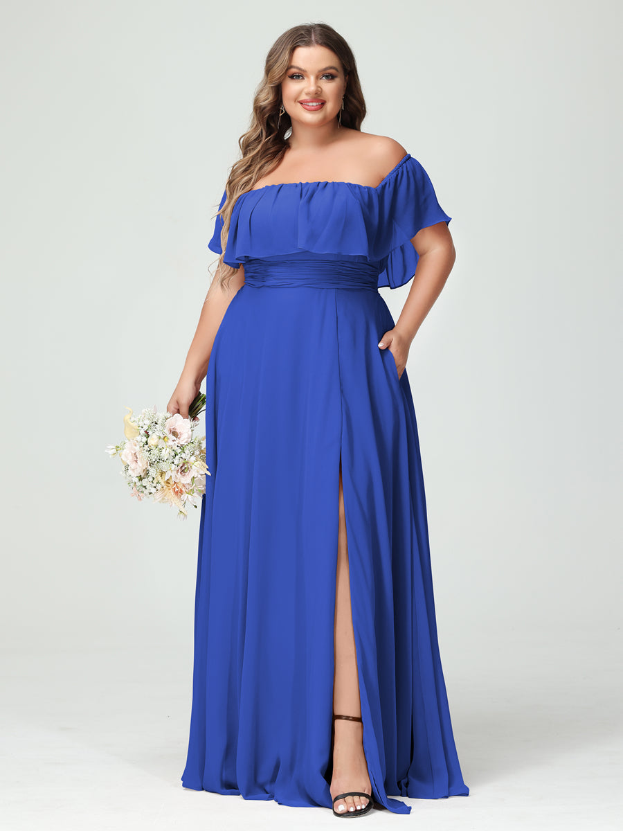 A-Line/Princess Off-the-Shoulder Short Sleeves Chiffon Split Side Plus Size Bridesmaid Dresses with Pockets Light Royal Blue