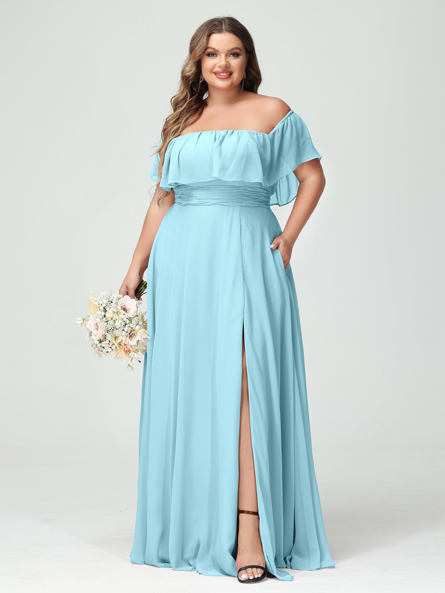 A-Line/Princess Off-the-Shoulder Short Sleeves Chiffon Split Side Plus Size Bridesmaid Dresses with Pockets Light Sky Blue