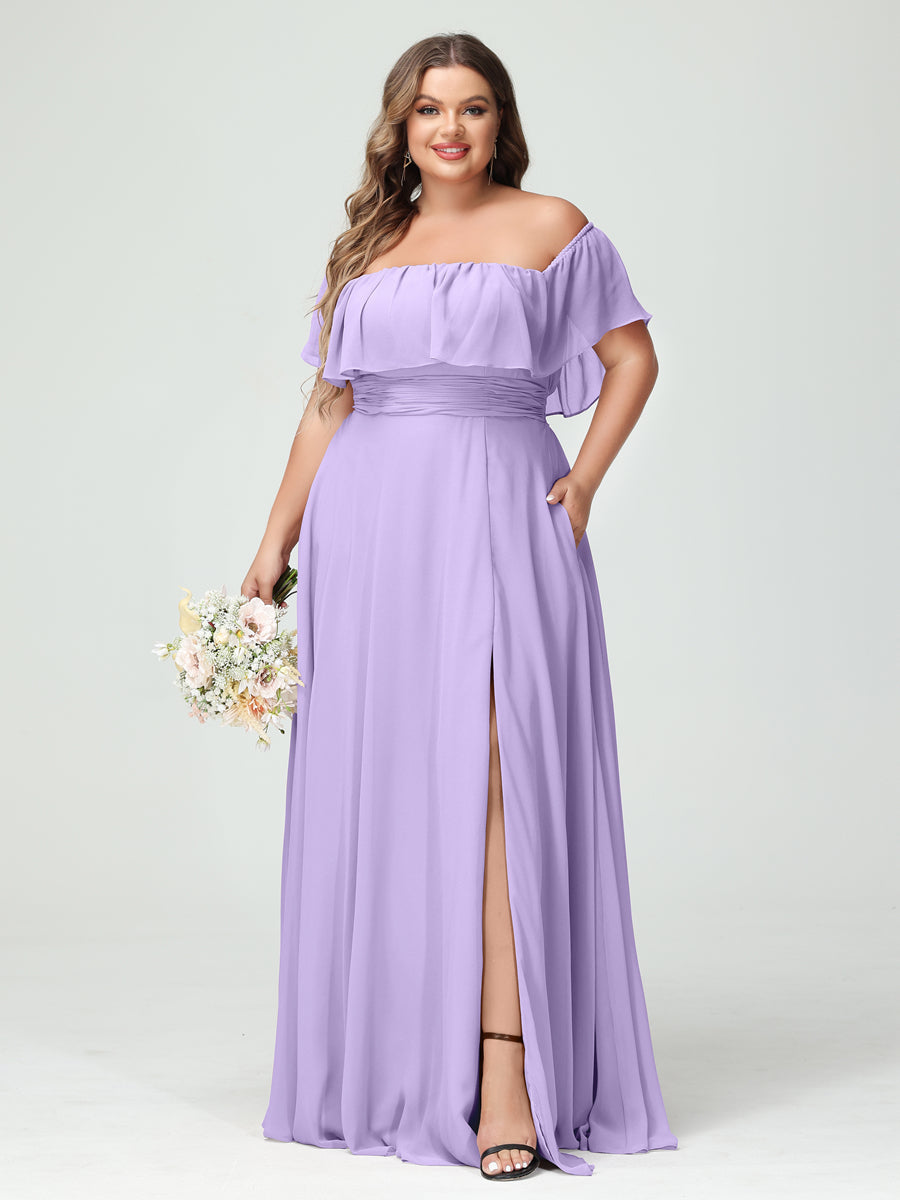 A-Line/Princess Off-the-Shoulder Short Sleeves Chiffon Split Side Plus Size Bridesmaid Dresses with Pockets Lilac