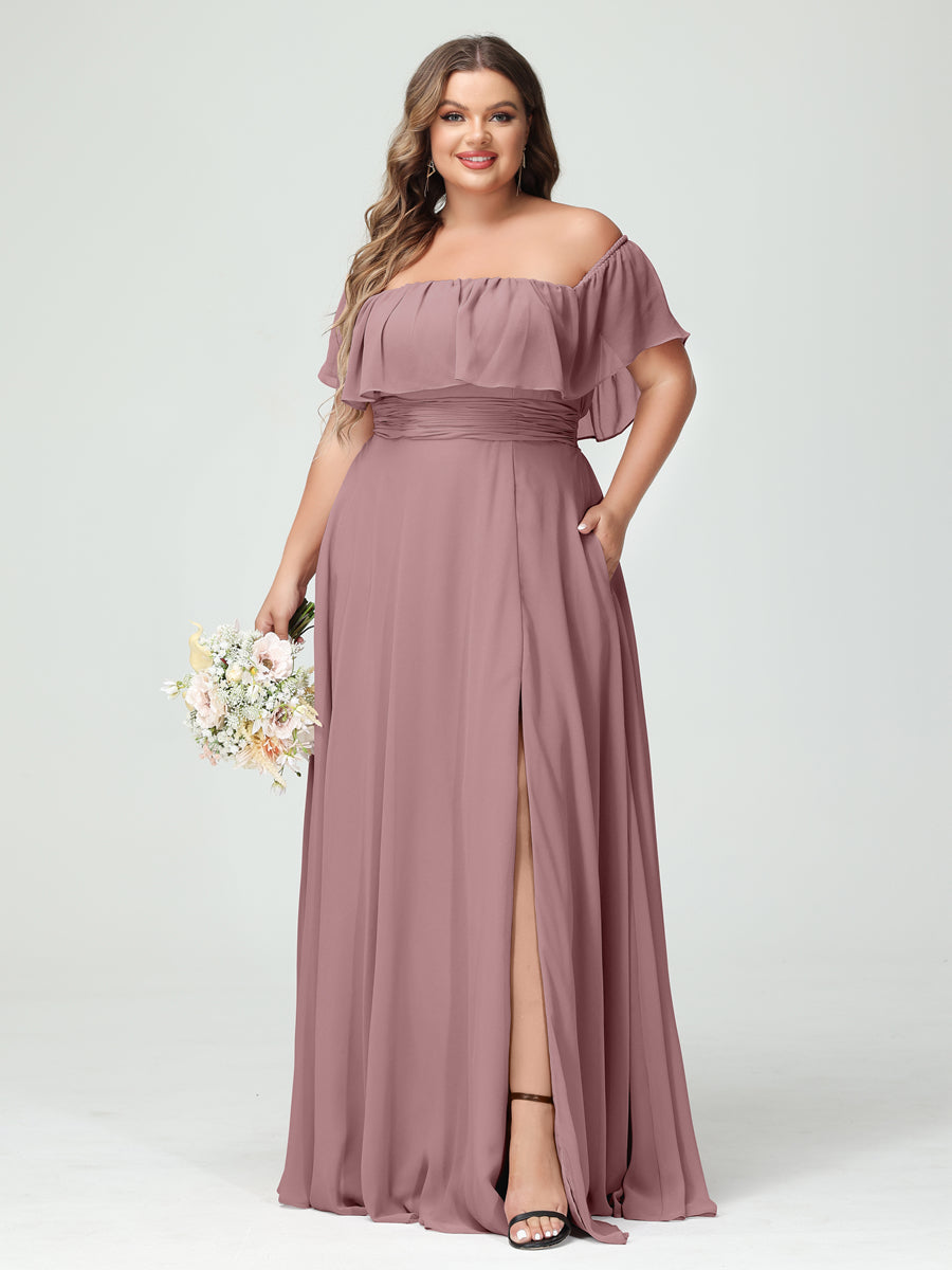 A-Line/Princess Off-the-Shoulder Short Sleeves Chiffon Split Side Plus Size Bridesmaid Dresses with Pockets Mauve